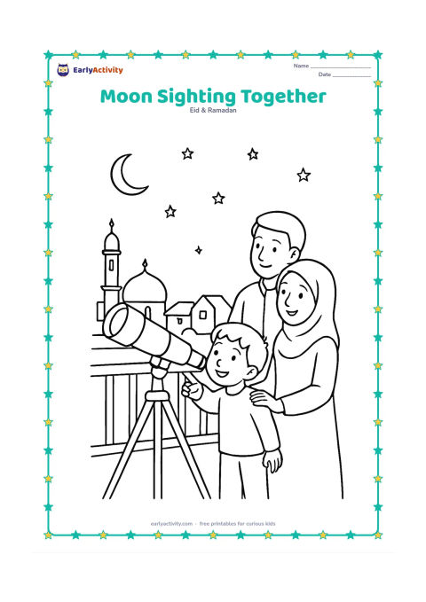 Colouring page: Draw a family on a terrace gently looking through a telescope toward a thin crescent moon, with a child pointing beside it. Include a mosque dome, rooftops, and a few stars in the distance.