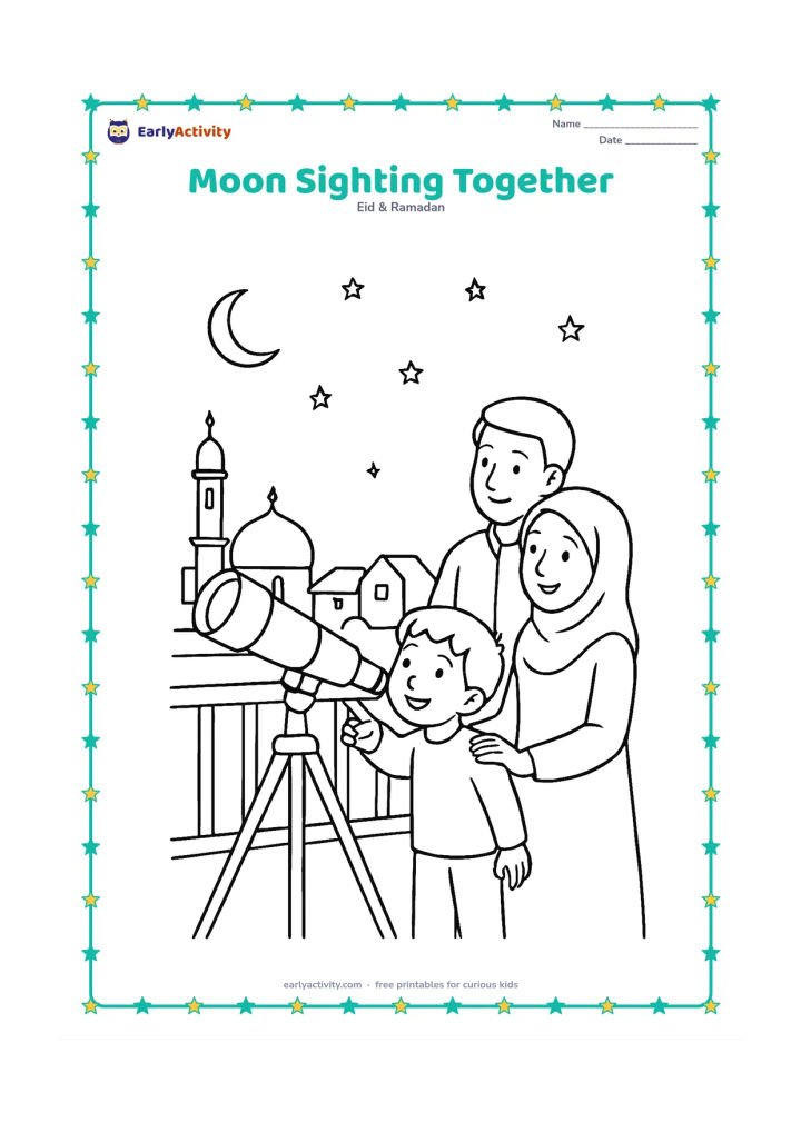 Colouring page: Draw a family on a terrace gently looking through a telescope toward a thin crescent moon, with a child pointing beside it. Include a mosque dome, rooftops, and a few stars in the distance.