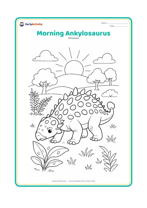 Colouring page: An Ankylosaurus begins a morning walk through a prehistoric meadow with a rising sun, dew-covered broad leaves, ferns and distant trees. Its head is lowered toward fresh plants.