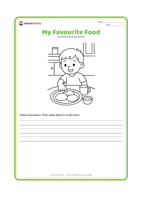 Worksheet: A child sits at a low table and points happily to a plate of idli with a small bowl of chutney. Add a cup and a simple kitchen background.