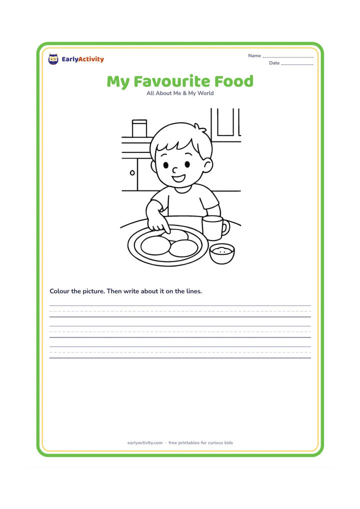 Worksheet: A child sits at a low table and points happily to a plate of idli with a small bowl of chutney. Add a cup and a simple kitchen background.