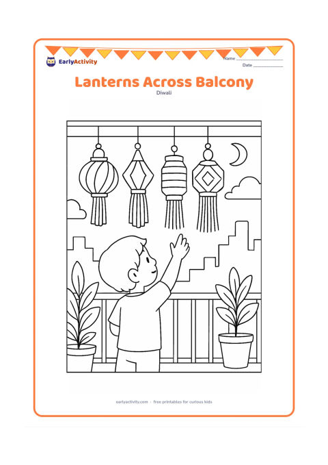 Colouring page: Draw a row of different hanging Diwali lanterns across an Indian apartment balcony, with a child reaching up to admire them. Add railings, potted plants and a distant evening skyline.