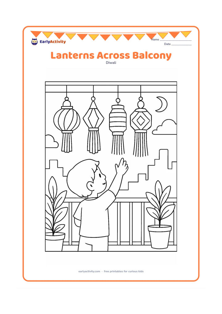 Colouring page: Draw a row of different hanging Diwali lanterns across an Indian apartment balcony, with a child reaching up to admire them. Add railings, potted plants and a distant evening skyline.