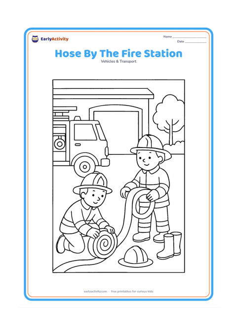 Colouring page: Draw two firefighters unrolling a hose beside a parked fire engine outside a fire station. Include a hose reel, helmet, boots, open garage doorway and a small leafy tree.