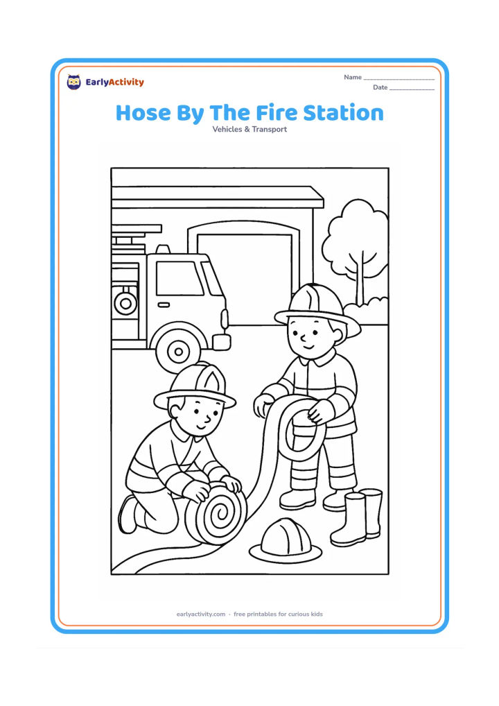 Colouring page: Draw two firefighters unrolling a hose beside a parked fire engine outside a fire station. Include a hose reel, helmet, boots, open garage doorway and a small leafy tree.