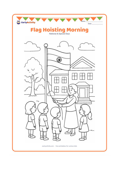 Colouring page: A teacher raises an Indian flag on a school flagpole while four children watch respectfully. Show a school building, steps, trees and the soft light of an early morning sky.