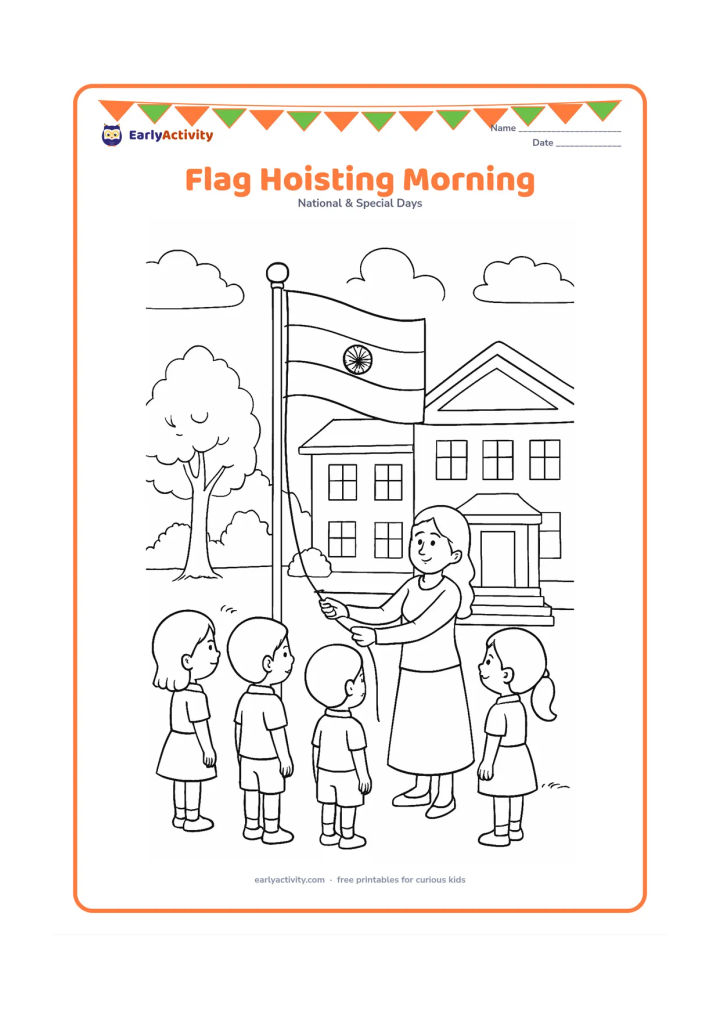 Colouring page: A teacher raises an Indian flag on a school flagpole while four children watch respectfully. Show a school building, steps, trees and the soft light of an early morning sky.