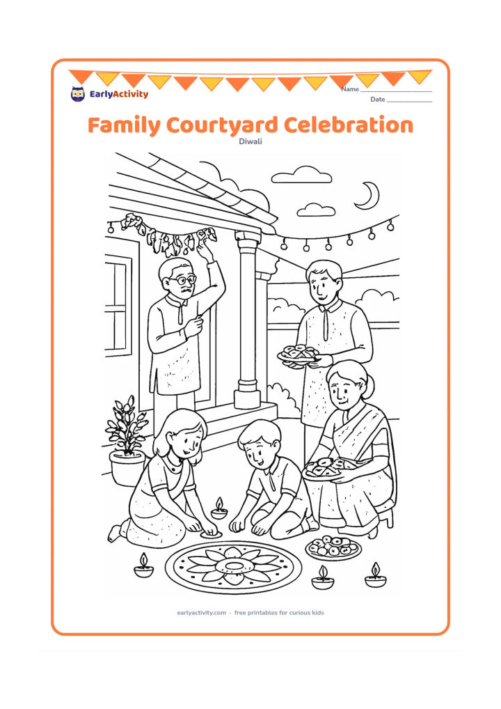 Colouring page: A multigenerational family celebrates in a courtyard at dusk, with children placing diyas, adults arranging sweets, and a grandparent hanging a toran. Add potted tulsi, a rangoli, string…