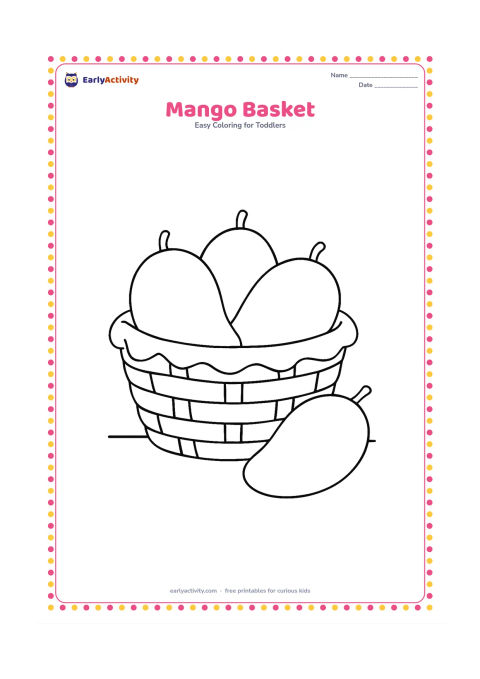 Colouring page: Draw a woven basket holding three large mangoes, with one mango lying beside the basket. Add a simple cloth edge and a short table line beneath.
