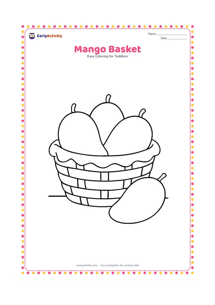 Colouring page: Draw a woven basket holding three large mangoes, with one mango lying beside the basket. Add a simple cloth edge and a short table line beneath.