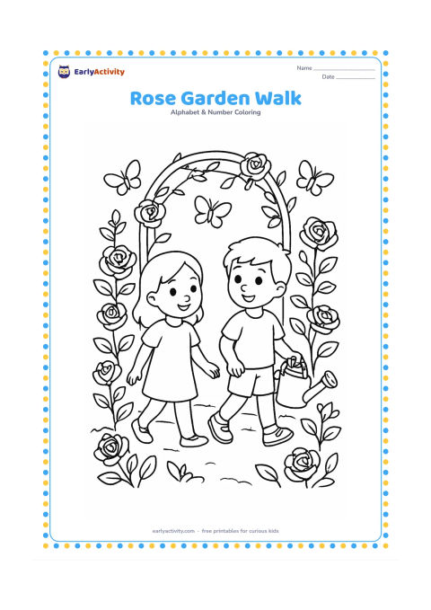 Colouring page: Draw two children walking along a garden path between rose bushes, with a watering can, a garden arch and butterflies above the flowers. Show several open roses and leaves at different…