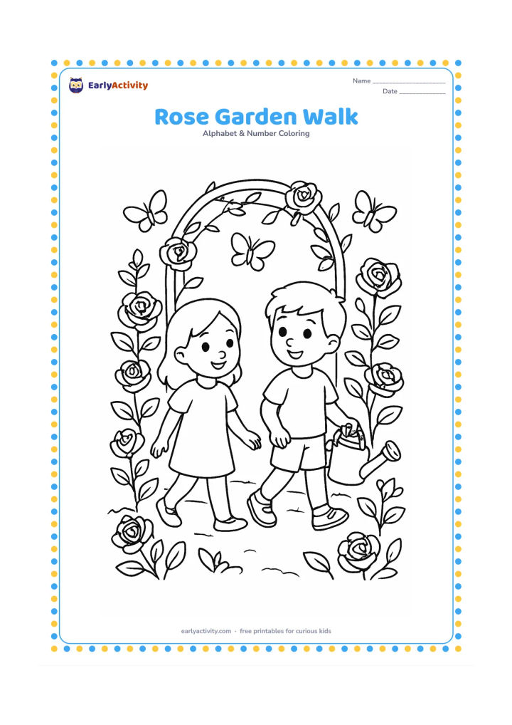 Colouring page: Draw two children walking along a garden path between rose bushes, with a watering can, a garden arch and butterflies above the flowers. Show several open roses and leaves at different…
