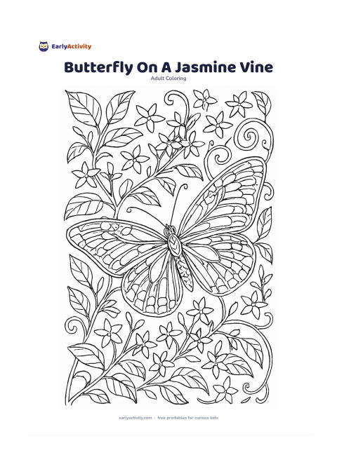 Colouring page: Draw a butterfly resting on a jasmine vine with clusters of small star-shaped flowers, curling tendrils, and broad leaves. Use a close-up composition with the wings open and divided into…