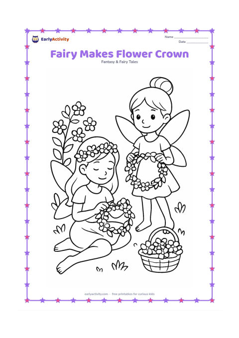 Colouring page: A seated fairy weaves a crown from flowers and leaves while a friend holds a loose garland. Arrange a basket of flowers and a flowering bush around them.