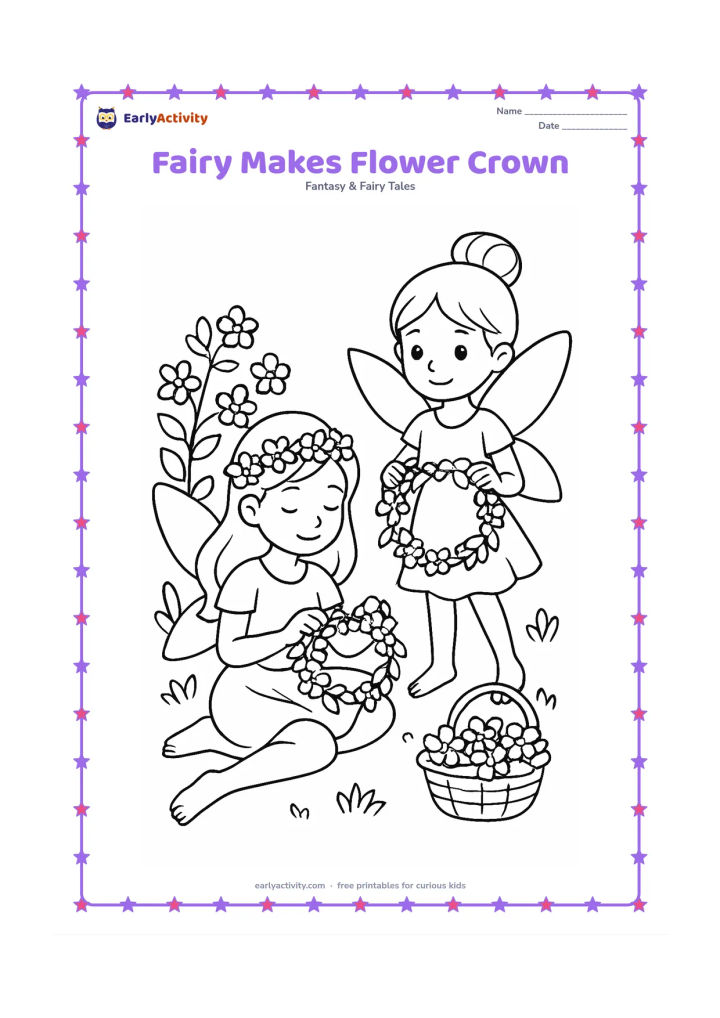 Colouring page: A seated fairy weaves a crown from flowers and leaves while a friend holds a loose garland. Arrange a basket of flowers and a flowering bush around them.
