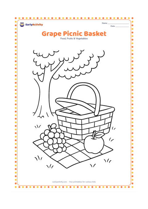 Colouring page: A picnic basket tipped slightly open with a bunch of grapes, an apple, and a checked cloth beside it, set on grass under a tree.