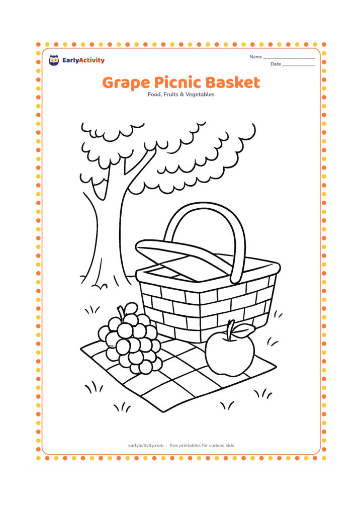 Colouring page: A picnic basket tipped slightly open with a bunch of grapes, an apple, and a checked cloth beside it, set on grass under a tree.
