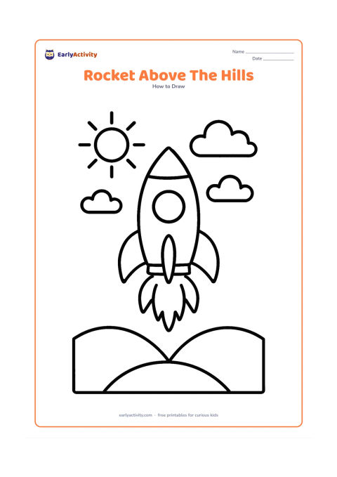 Worksheet: An upright rocket rises above two broad rounded hills, with a triangle nose, oval window, matching fins and three large flames. Include a simple sun and two clouds, with no written elements.