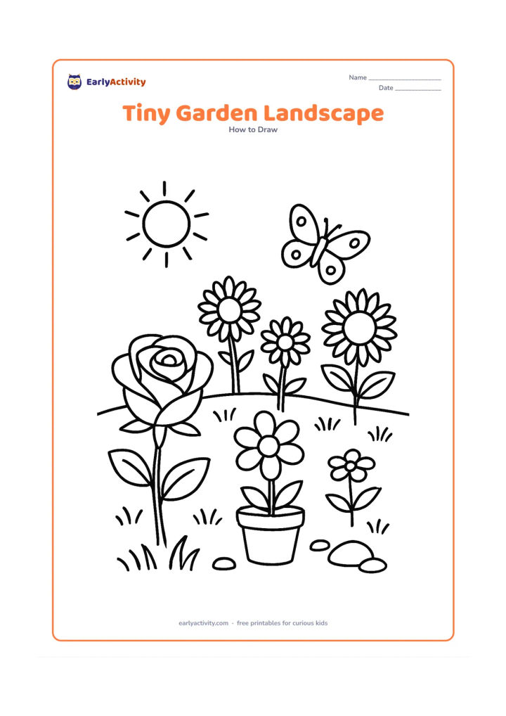 Worksheet: Create a small garden scene with a foreground rose, a side-view daisy, a potted flower, distant sunflowers, grass, stones and a butterfly. Use varied flower angles and sizes while…