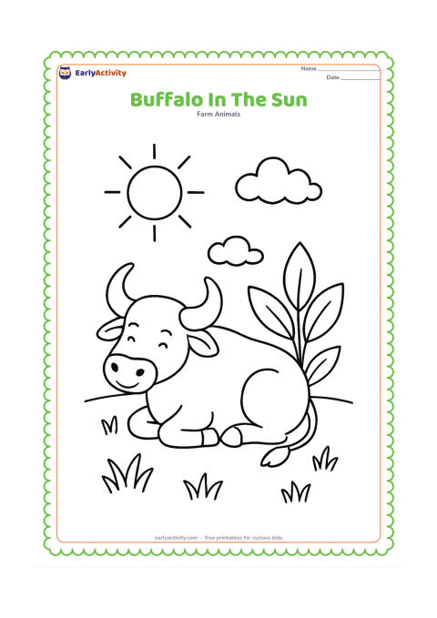 Colouring page: Draw one buffalo resting beside a large leafy plant on a warm sunny farm field. Include a big sun, two clouds and a few broad grass clumps.