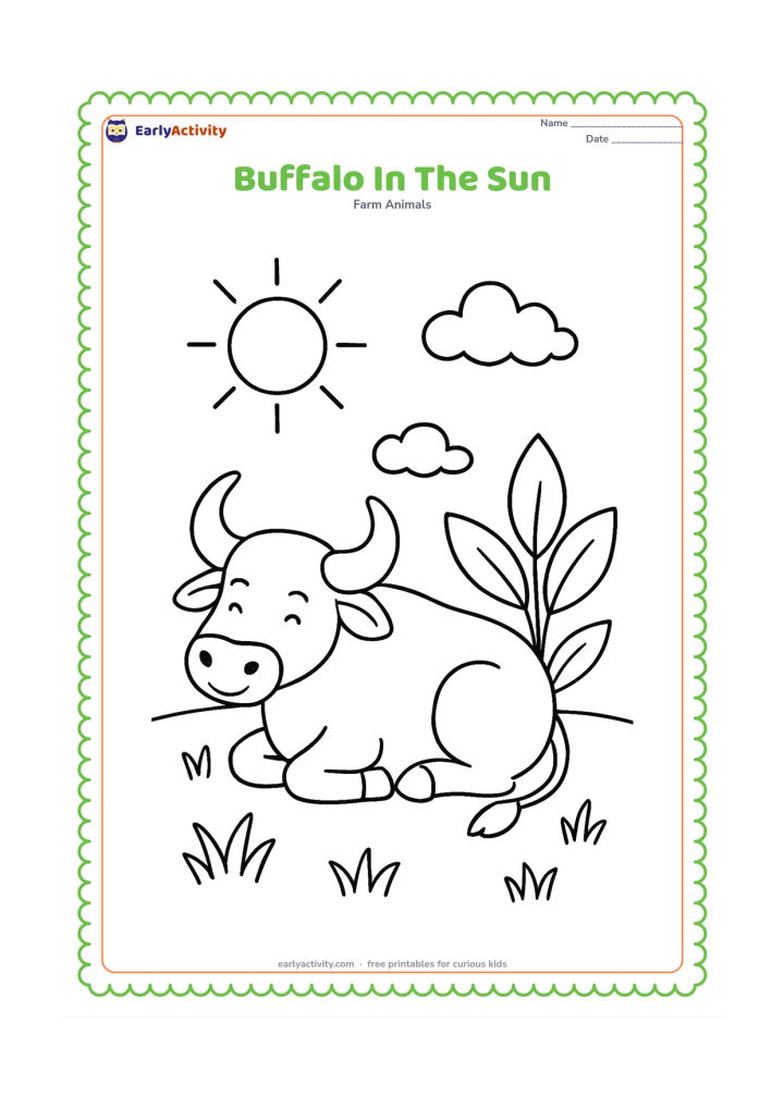 Colouring page: Draw one buffalo resting beside a large leafy plant on a warm sunny farm field. Include a big sun, two clouds and a few broad grass clumps.