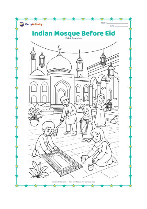 Colouring page: A richly detailed Indian mosque courtyard is being prepared for Eid, with families arranging prayer mats, hanging lanterns, sweeping the paving and placing water cups. Include domes,…