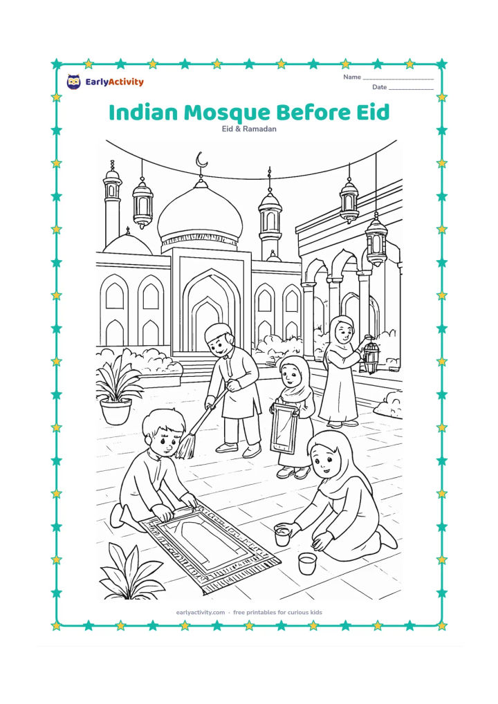 Colouring page: A richly detailed Indian mosque courtyard is being prepared for Eid, with families arranging prayer mats, hanging lanterns, sweeping the paving and placing water cups. Include domes,…