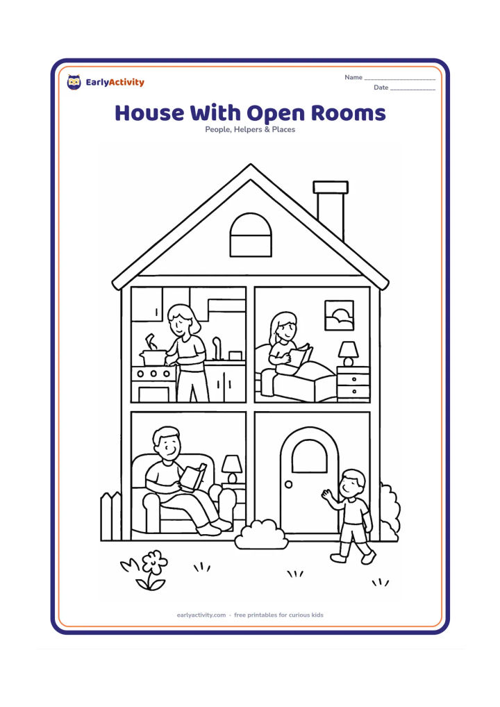 Colouring page: Draw a cutaway-style home with a roof, front door and several visible rooms containing simple furniture: kitchen, bedroom and sitting room. Show family members following different…