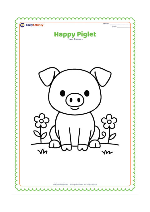 Colouring page: A small piglet sits facing forward with round eyes, floppy ears and a curly tail. Add two simple flowers and a low grass line around it.