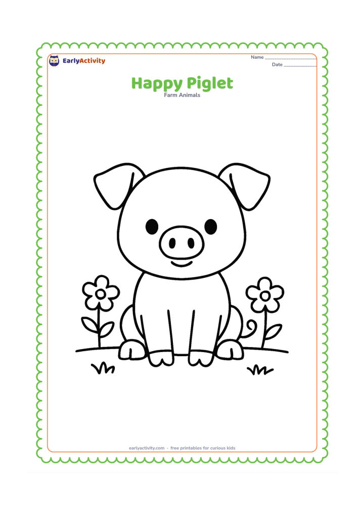 Colouring page: A small piglet sits facing forward with round eyes, floppy ears and a curly tail. Add two simple flowers and a low grass line around it.
