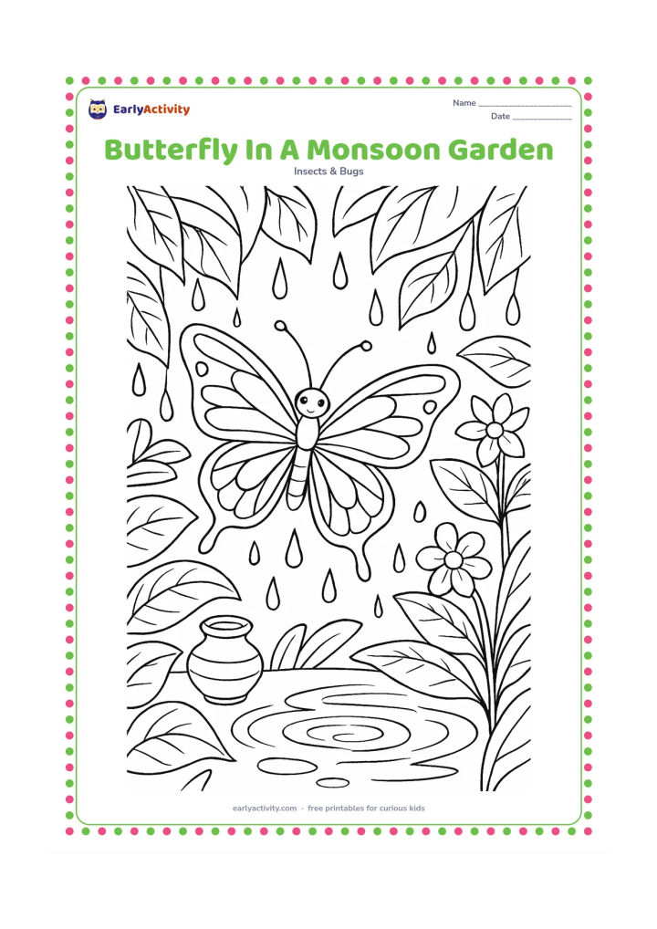 Colouring page: Draw a butterfly flying between rain-wet leaves and flowers in an Indian garden, with hanging water drops, a small earthen pot, and puddle ripples below. Show layered foliage around a…