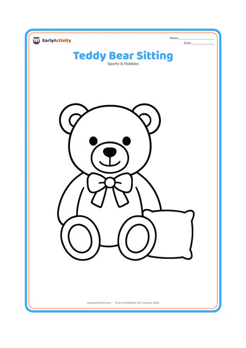 Colouring page: A friendly teddy bear sitting upright with round ears, paws, button-like eyes and a bow. Place it beside one small cushion on the floor.