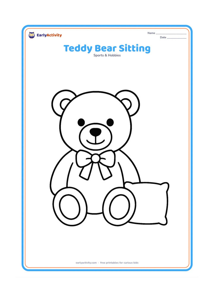 Colouring page: A friendly teddy bear sitting upright with round ears, paws, button-like eyes and a bow. Place it beside one small cushion on the floor.