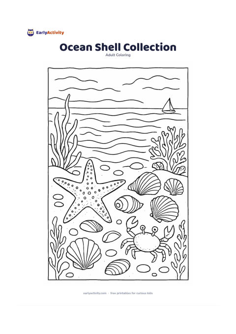 Colouring page: Draw an arranged collection of seashells, starfish, coral branches, seaweed, smooth pebbles and a small crab on a sandy shore. Add gentle wave lines and a distant sailboat without any…
