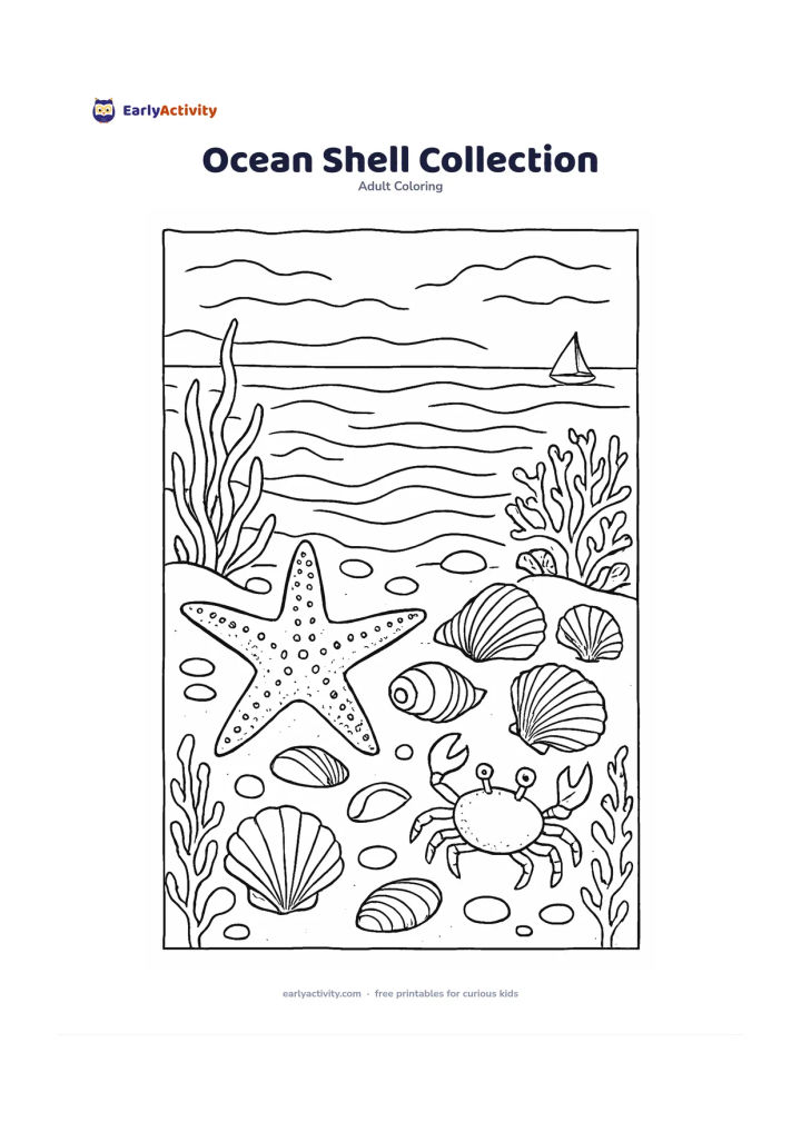Colouring page: Draw an arranged collection of seashells, starfish, coral branches, seaweed, smooth pebbles and a small crab on a sandy shore. Add gentle wave lines and a distant sailboat without any…