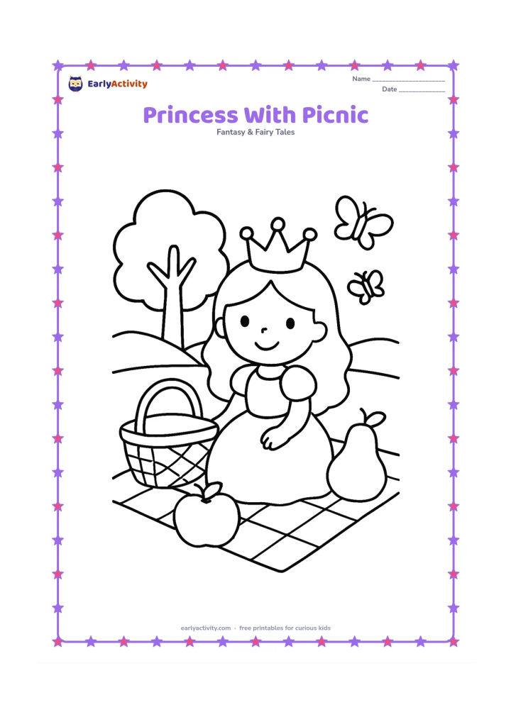 Colouring page: Draw a princess sitting on a picnic blanket with a basket and two large pieces of fruit. Add a leafy tree, simple hills, and a few butterflies.