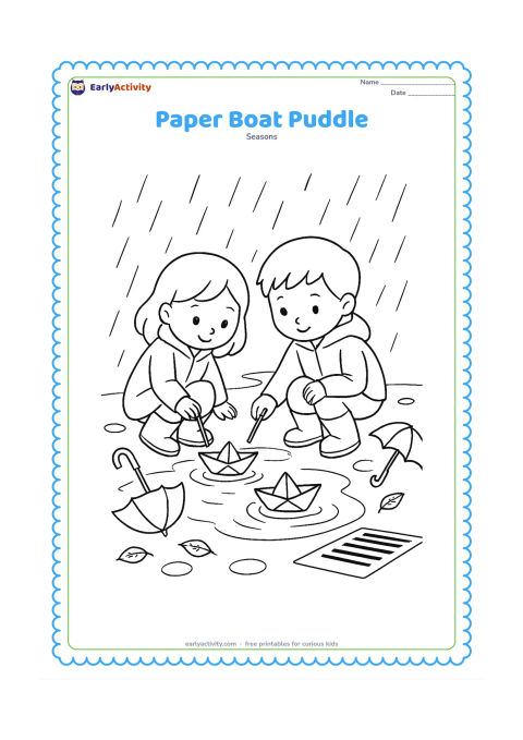Colouring page: Two children kneel beside a broad puddle and float folded paper boats using small sticks. Show umbrellas resting nearby, rain boots, ripples, a drain grate, and wet leaves.