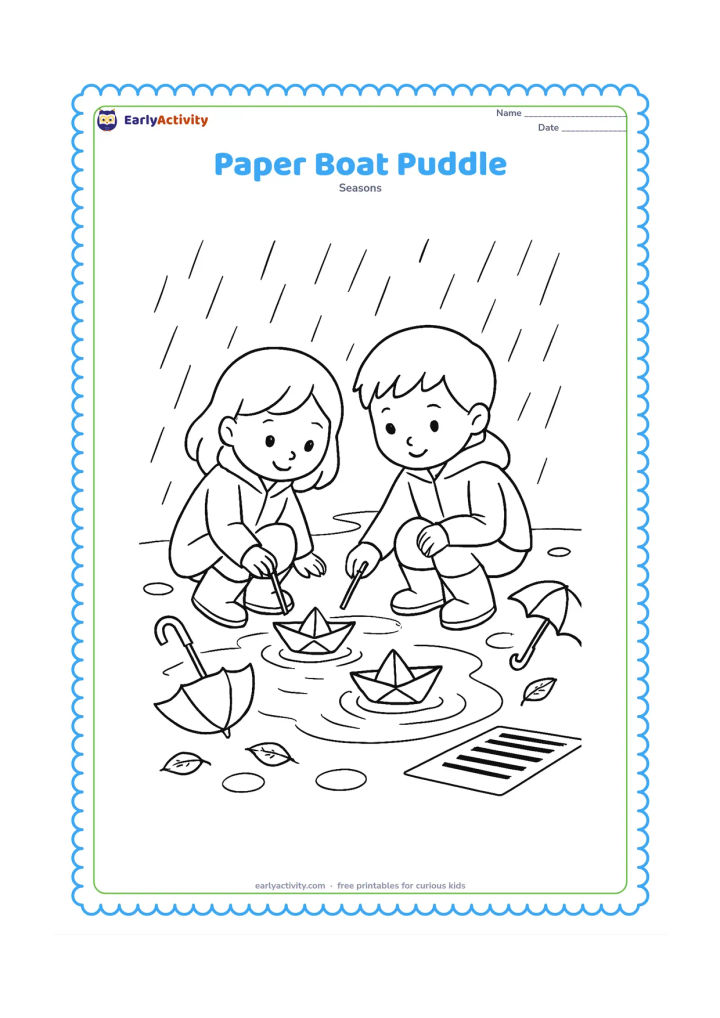 Colouring page: Two children kneel beside a broad puddle and float folded paper boats using small sticks. Show umbrellas resting nearby, rain boots, ripples, a drain grate, and wet leaves.