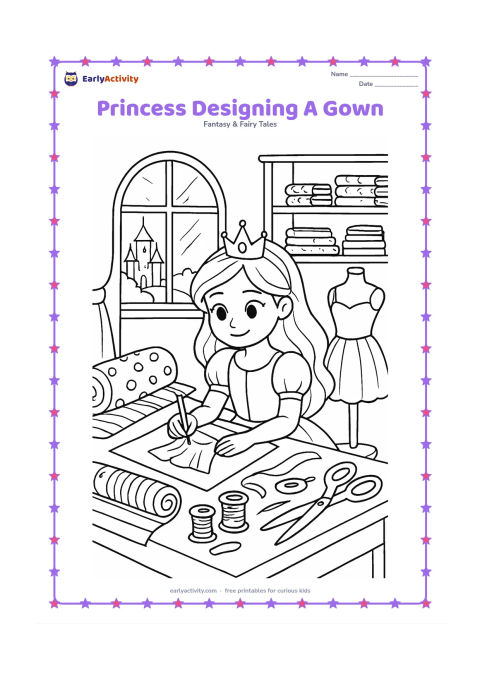 Colouring page: Draw a princess seated at a worktable, sketching a dress on a blank sheet while fabric, ribbons, thread spools, and a dress form surround her. Add a palace sewing-room window and shelves…