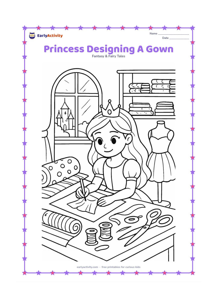 Colouring page: Draw a princess seated at a worktable, sketching a dress on a blank sheet while fabric, ribbons, thread spools, and a dress form surround her. Add a palace sewing-room window and shelves…