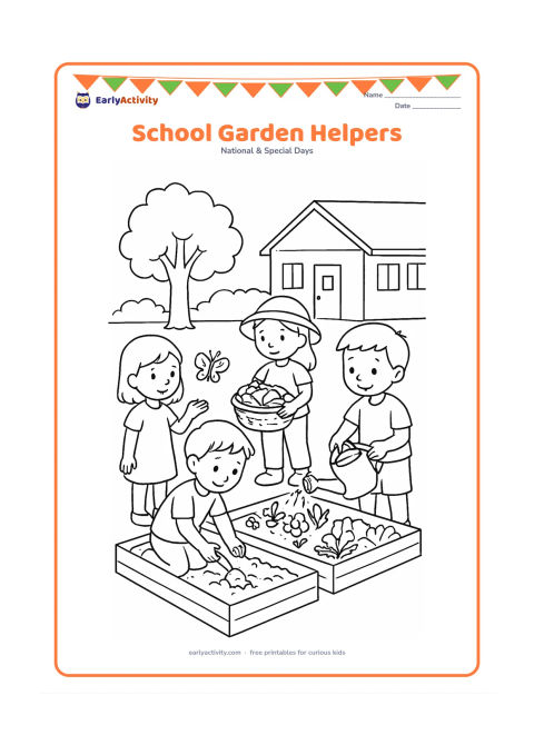 Colouring page: Draw four children caring for a school garden: one waters plants, one loosens soil, one carries a compost basket and one observes a butterfly. Include raised beds, a large tree and a…