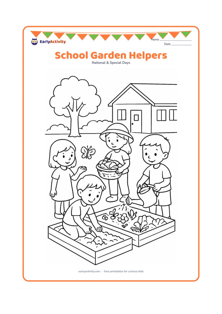 Colouring page: Draw four children caring for a school garden: one waters plants, one loosens soil, one carries a compost basket and one observes a butterfly. Include raised beds, a large tree and a…