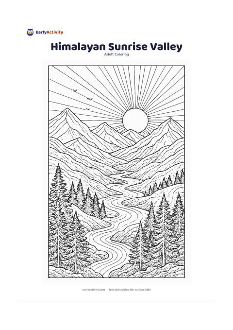 Colouring page: A wide Himalayan valley at sunrise, with layered snow-capped mountains, a winding river, pine trees in the foreground and small birds crossing the open sky. Place the brightest horizon…