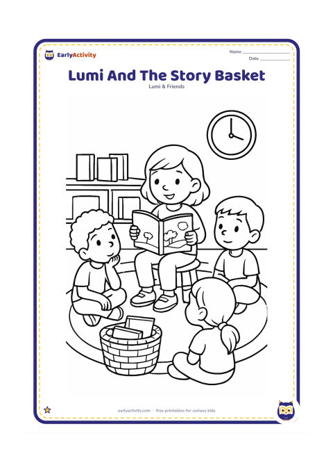 Colouring page: Lumi pulls a picture book from a woven story basket as three classmates sit in a semicircle listening. Include a carpet, low shelves, several plain book covers and a wall clock without…