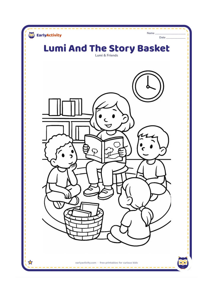 Colouring page: Lumi pulls a picture book from a woven story basket as three classmates sit in a semicircle listening. Include a carpet, low shelves, several plain book covers and a wall clock without…