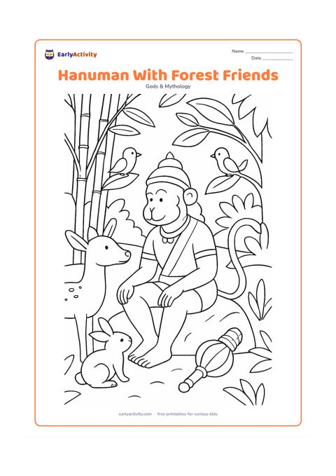 Colouring page: Hanuman sits on a forest rock with a deer, rabbit, and small birds gathered peacefully around him, while his gada rests nearby. Add bamboo, broad-leaved plants, and a winding woodland path.