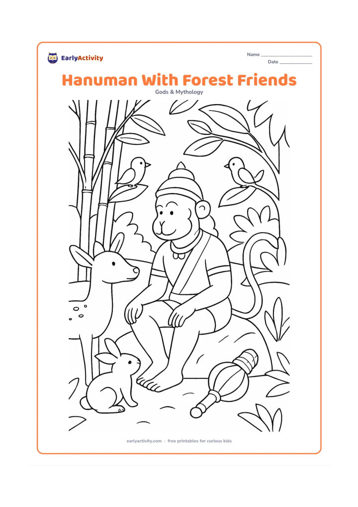 Colouring page: Hanuman sits on a forest rock with a deer, rabbit, and small birds gathered peacefully around him, while his gada rests nearby. Add bamboo, broad-leaved plants, and a winding woodland path.