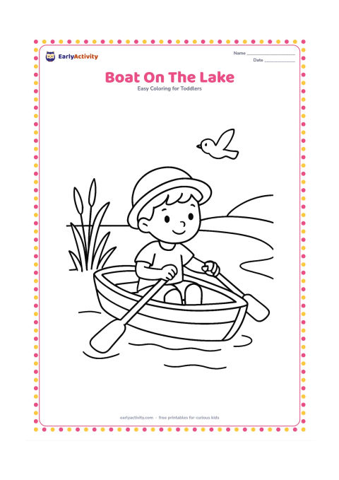 Colouring page: Draw a small child sitting in a rowboat on a calm lake, holding one oar, with reeds, a curved shoreline and a bird in the sky.