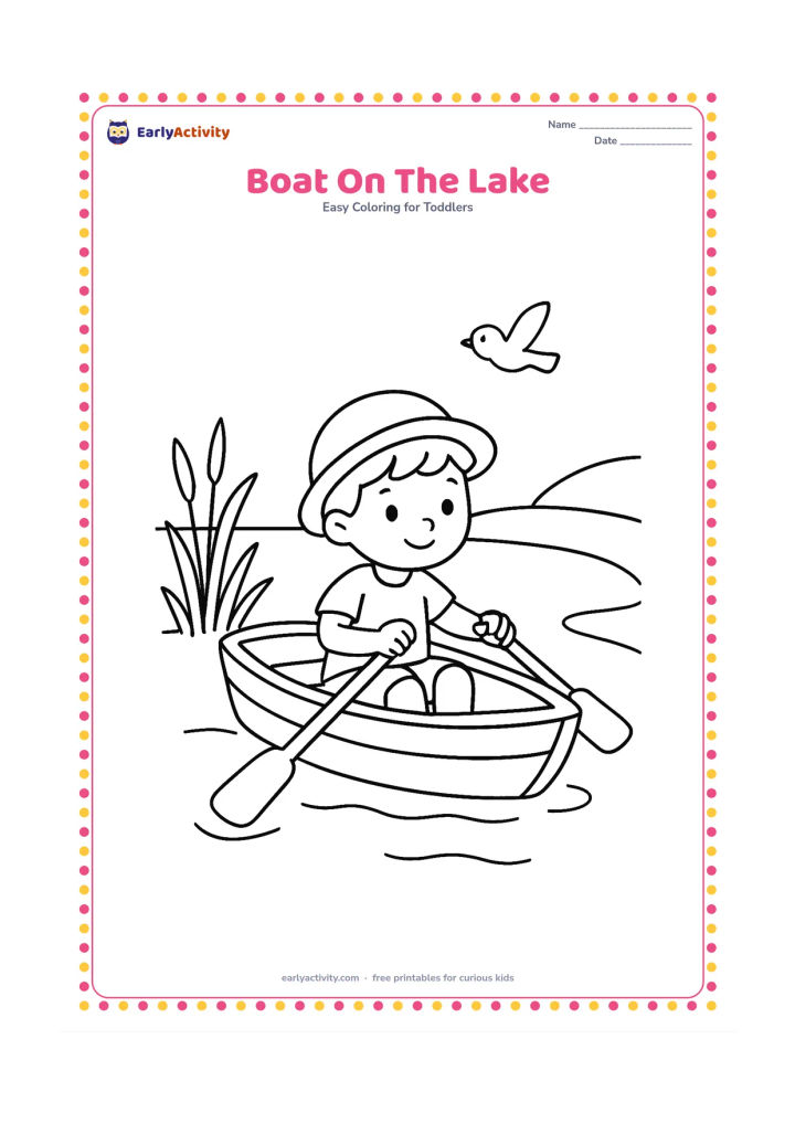 Colouring page: Draw a small child sitting in a rowboat on a calm lake, holding one oar, with reeds, a curved shoreline and a bird in the sky.