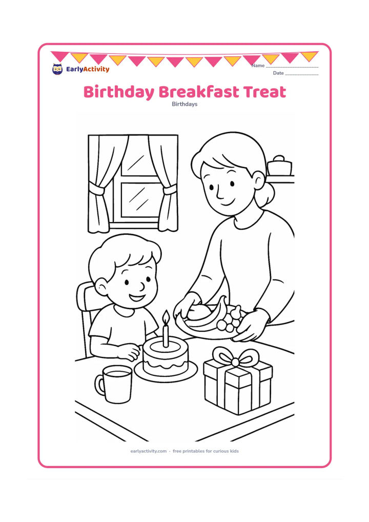 Colouring page: A child sits at a kitchen table with a small birthday cake, a cup of milk and a wrapped gift, while a parent places a plate of fruit nearby. Include a window, curtain and simple kitchen…
